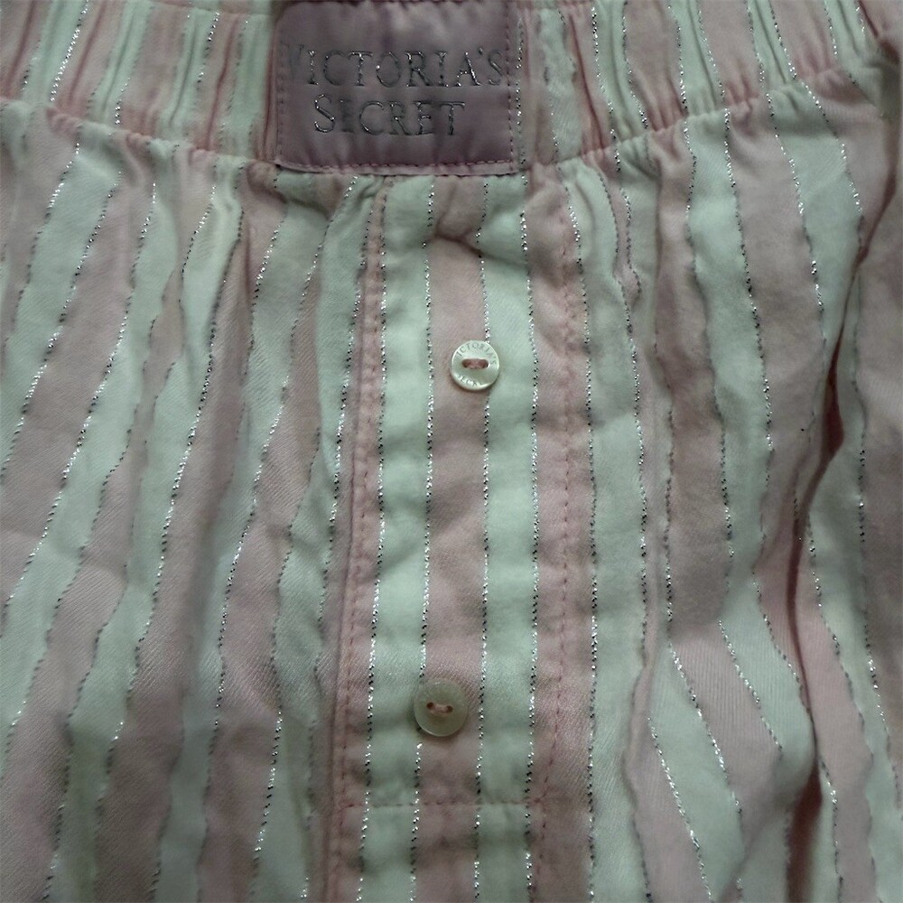 Victoria's Secret Pajama Pants Womens L Pink & White Striped Glitter Short - Picture 3 of 4